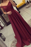 Satin Off the Shoulder A-line Sweep Train Sashes Sweetheart Burgundy Prom Dresses STF13450