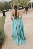 Simple A Line Two Pieces V Neck Satin Green Prom Dresses, Cheap Formal Dress STF15598
