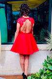 Impressive Red Open Back Round Neck Lace Appliques Homecoming Dresses