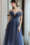 Charming A Line Blue Ombre Tulle Prom Dresses with Open Back, Evening STF15622
