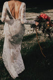 Elegant Long Sleeve Ivory Sheath Wedding Dresses Backless Lace Applique Country PRKZS9C6