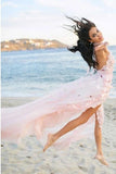 Boho Halter Backless Light Pink Chiffon Beach Wedding Dresses with Appliques Ruffles STF15082