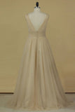 2024 A Line V Neck Open Back Bridesmaid Dresses Ruched Bodice Tulle Floor P5P97Y12