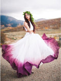 Flowy Two Pieces White Straps Prom Dresses Bateau Fuchsia Dyed Chiffon Wedding Dress STF15233