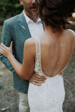 Elegant Mermaid Lace Appliques Straps V Neck Ivory Wedding Dresses, Beach Wedding Gowns STF15515