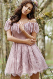A-Line Cold Shoulder Purple Lace Homecoming Party Dress with Ruffles Prom Dresses STF14965