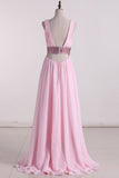 2024 A Line Prom Dresses V Neck Chiffon With Beads PJ4GC761