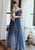 Charming A Line Blue Ombre Tulle Prom Dresses with Open Back, Evening STF15622