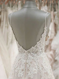 A Line Spaghetti Straps V Neck Beach Wedding Dresses Beaded Bodice Wedding Dresses