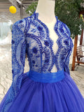 Blue Long Sleeves V Neck Tulle Prom Dresses with Beading