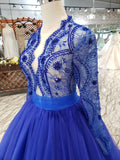 Blue Long Sleeves V Neck Tulle Prom Dresses with Beading