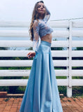 Chic Two Piece Blue Party Gowns Lace Long Sleeves A Line Prom Dresses
