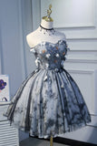 Cute Sweetheart Gray Strapless Beads Lace up Tulle Homecoming Dresses with Flowers