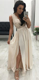 Luxury V Neck Sleeveless Chiffon Appliques With Split Prom Dresses