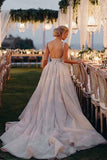 Elegant A Line V Neck Lace Wedding Dresses Backless Chapel Train Tulle Bridal Dresses