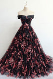Floral Print Black Off the Shoulder Lace Appliques Prom Dresses with Lace up