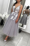 Elegant Gray V Neck Lace Tulle Prom Dresses Criss Cross Tea Length Hoco Dresses