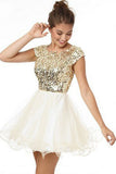 Cute Gold Sequins Short Sleeves Short Homecoming Dresses