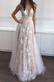 2024 Long Sexy Deep V-Neck Tulle Lace Appliques Floor-Length A-Line Party Prom Dress
