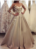 Elegant Sweetheart Long Sleeves Satin A Line Prom Dresses with Appliques
