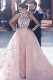 Pink A Line Court Train Halter Sleeveless Lace Appliques Long Prom Dresses