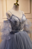Chic Grey Short Sleeves A Line Tulle Long Prom Dresses