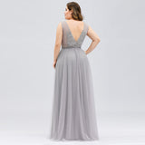 Light Gray Long V-neck Floor Length Prom Dresses With Appliques Plus Size Prom Gowns