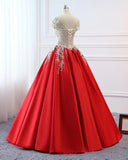 Modest Red Cap Sleeves Ball Gowns Lace Satin Prom Dresses Evening Dresses