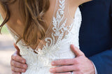 A Line Floor Length Sheer V Back Appliques Beading Beach Wedding Dresses