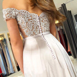 Off the Shoulder Sweetheart Lace Appliques Prom Dresses with Chiffon Party Dresses