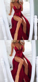 Luxury Red Spaghetti Straps V Neck With Split Side Prom Dresses