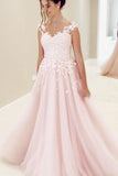 Princess pink organza lace A-line long prom dress with straps for