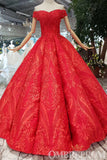 Red Ball Gown Off Shoulder Lace Up Prom Dresses with Sequins