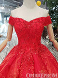 Red Ball Gown Off Shoulder Lace Up Prom Dresses with Sequins