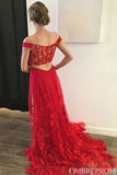 Red Two Piece Off Shoulder Lace Prom Dresses with Appliques