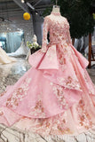 Romantic Princess Ball Gown Long Sleeves High Neck Prom Dresses