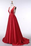 Sexy Rose Red A-Line Plunge Neckline Stretch Satin Backless Prom Dresses