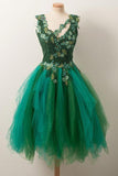 Simple A Line V Neck Short Green Tulle Homecoming Dress With Appliques Beading