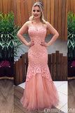 Vintage Pink Sweetheart Strapless Tulle Lace Mermaid Prom Dresses
