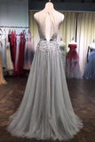 A Line Grey Tulle Beads 3D Flowers Round Neck Long Prom Dresses with Belt STF15000