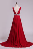 2024 A Line V Neck Pleated Bodice Chiffon Prom Dresses With Beading Court P7E4S1Y1