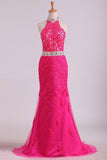 2024 High Neck Open Back Sheath Prom Dresses Tulle With Applique And P59E1Q26