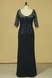 2024 Mother Of The Bride Dresses Scoop 3/4 Length Sleeve Dark Navy Spandex & Lace With P243GPXH