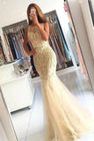 Elegant Mermaid Tulle Sleeveless Prom Dresses with Beading, Long Cheap Formal Dresses STF15182