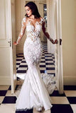 See Through Long Sleeve Mermaid Wedding Dresses Lace Applique P9SZGA2Y