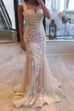 Elegant Cap Sleeve Mermaid V-neck Lace Applique Ivory Wedding Dresses STF15163