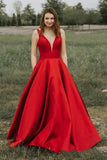 Simple A-Line V-Neck Satin Long Cheap Red Prom Dresses PAFE1R5Z
