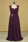 2024 Plus Size A Line Mother Of The Bride Dresses Open Back Chiffon With Beads And Ruffles PKBZY3TC