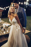A Line Spaghetti Straps V Neck Beach Wedding Dresses Backless Summer Bridal Dresses STF15494