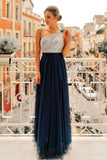 Flowy One Shoulder Navy Blue Tulle Long Prom Dresses, Cheap Formal Dresses STF15232